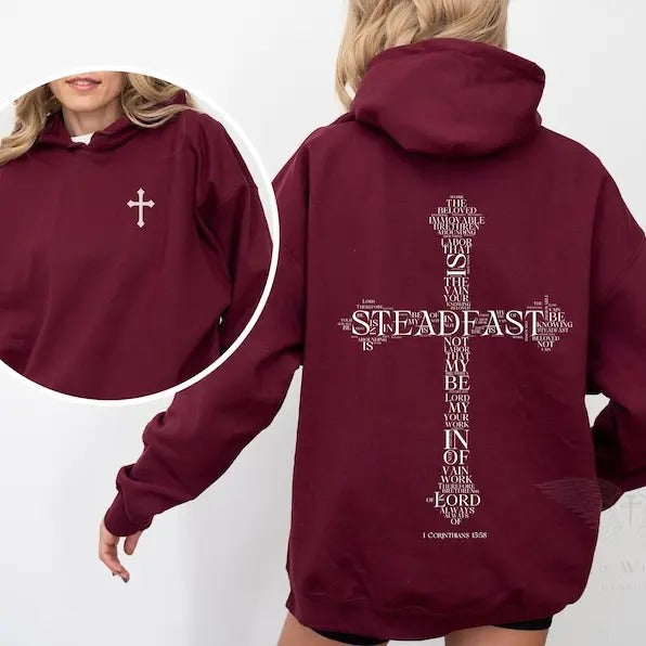 1 Corinthians 15:58 Bible verse words on back cross hoodie, Christian faith hoodie, trendy Christian hoodie, Christian gift,Jesus T-shirt, sweater and Hoodie