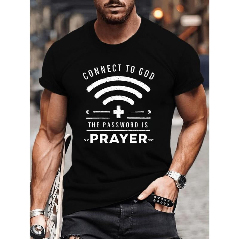 1 pc, 100% cotton T-shirt, CONNECT TO GOD Print Men's Crew Neck T-shirt, Short Sleeve Comfy Versatile Tee Tops, Summer Casual Clothing Made in USA