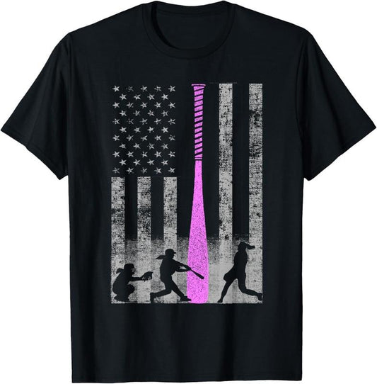100% Cotton American Softball Flag T-Shirt - Players and Pink Bat T-Shirt