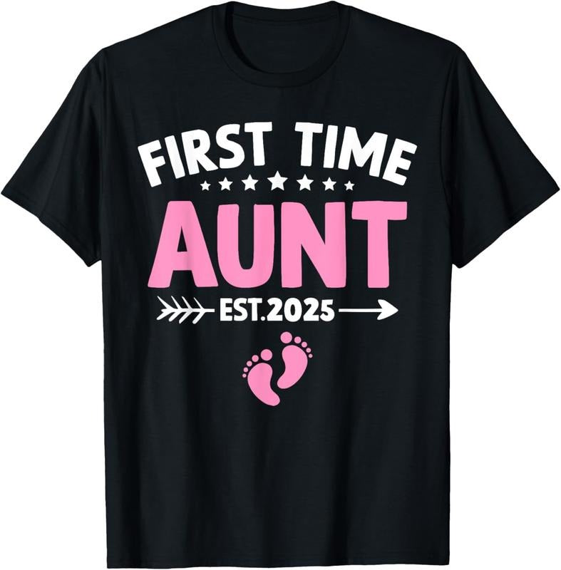 100% Cotton Auntie 2025 First Time Aunt Est 2025 Baby Announcement T-Shirt