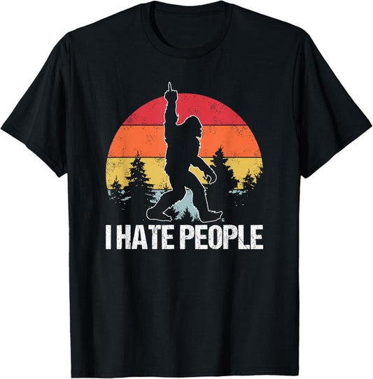 100% Cotton Big Foot I Hate People Middle Finger Sasquatch Retro Funny T-Shirt