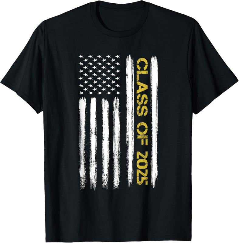 100% Cotton Class Of 2025 Senior Patriotic American Flag Graduation Gift T-Shirt