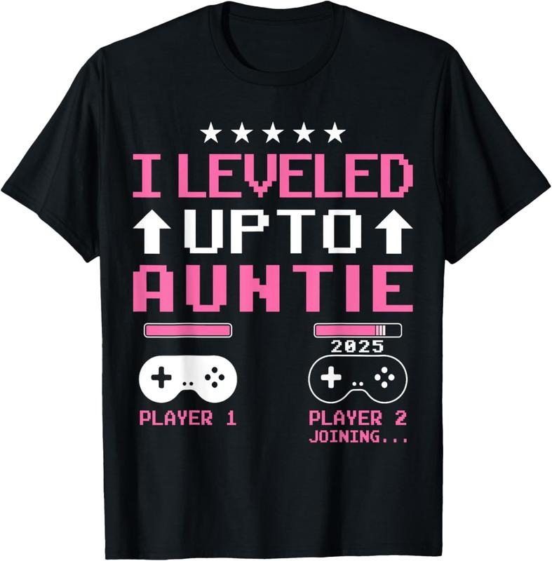 100% Cotton Cute I Leveled Up to Aunt 2025 Promoted to Auntie 2025 Gamer T-Shirt