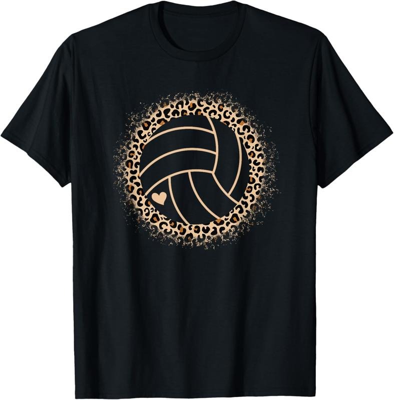 100% Cotton Cute Volleyball Leopard Print Women Girls Volleyball Lover T-Shirt