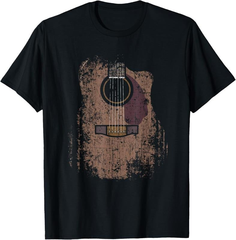 100% Cotton Distressed Acoustic Guitar Vintage Player Rock & Roll Music T-Shirt