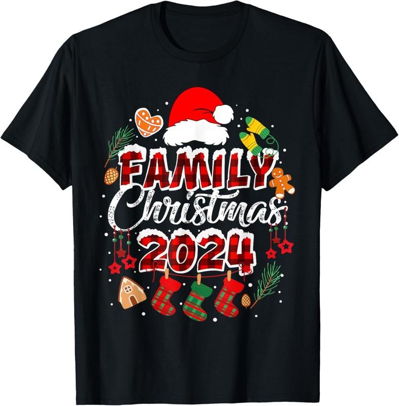 100% Cotton Family Christmas 2024 Matching Squad Santa Red Plaid Xmas T-Shirt