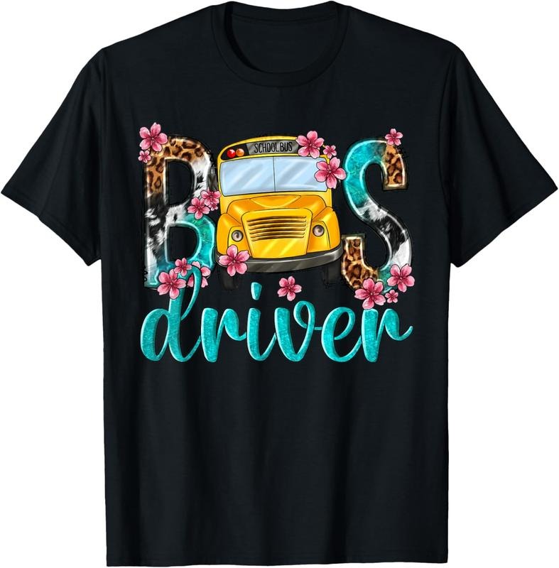 100% Cotton Floral Leopard Bus Driver School Bus Back To School 2023 T-Shirt