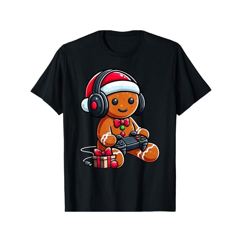 100% Cotton Funny Christmas Gamer Gingerbread Xmas Gaming Men, 180g Men'S Gingerbread Gamer Christmas T-Shirt - 100% Cotton Knit Crew Neck Tee with Gaming Print for Festive Casual Wear, Regular Fit All-Season Top, Slight Stretch made in usa