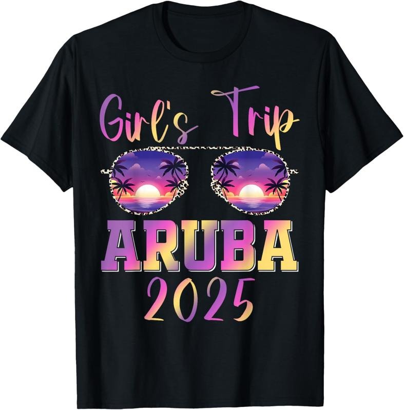 100% Cotton Girls Trip Aruba 2025 Leopard Sunglasses Beach Vacation T-Shirt