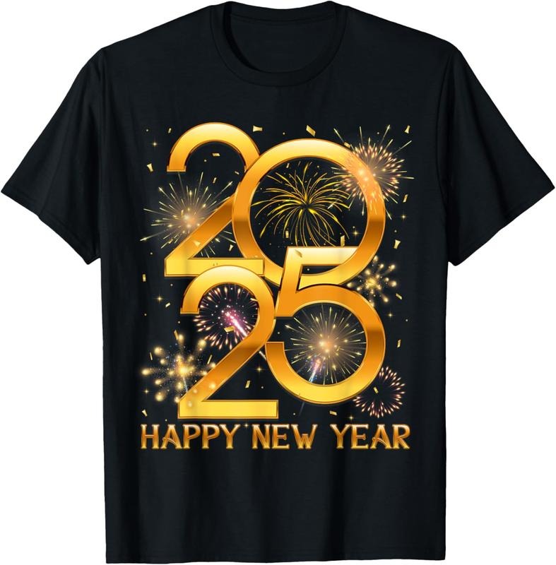 100% Cotton Happy New Year 2025 Shirts Men Women  Fireworks Confetti T-Shirt