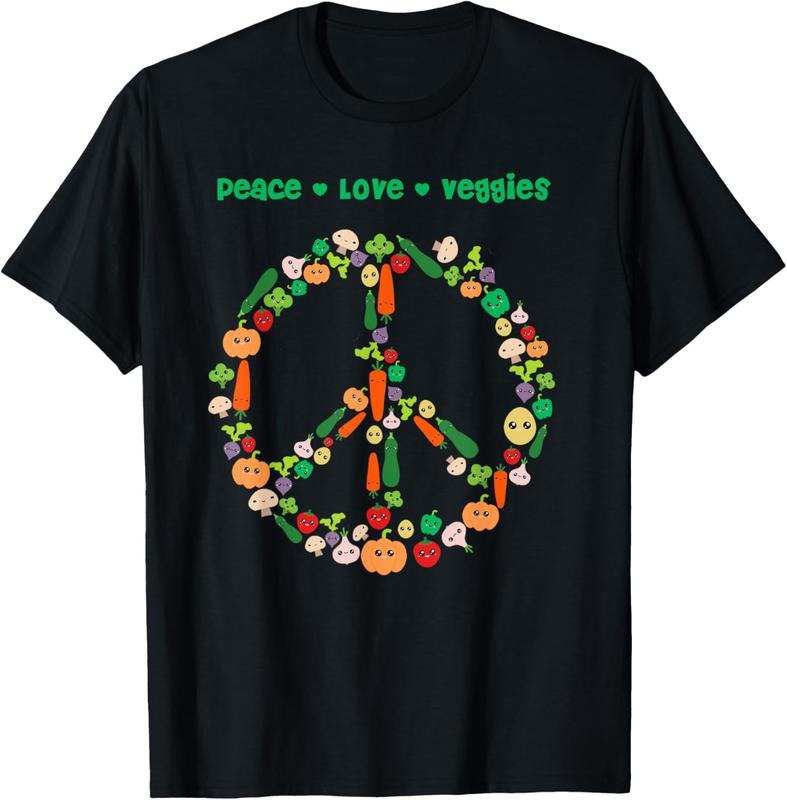 100% Cotton Kawaii Vegetables Peace Sign Funny Gift for Vegetarian Vegan T-Shirt