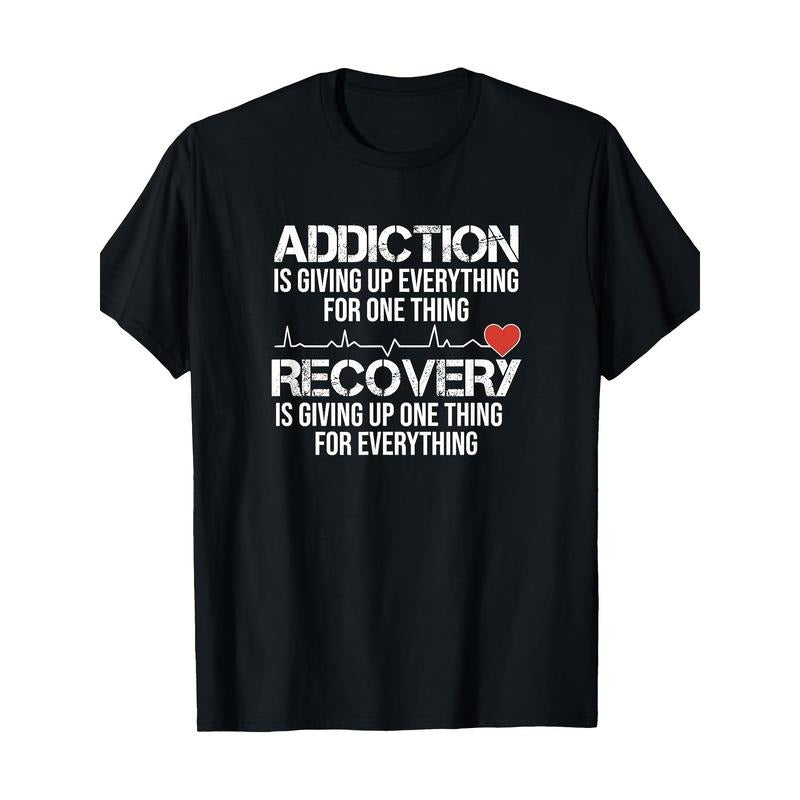 100% Cotton Knit T-Shirt with Heartbeat EKG Recovery & Addiction Quote - Regular Fit, Short Sleeve Crew Neck Adult Tee, All-Season Casual Wear with Slight Stretch & Geometric Pattern, Digital Heat Transfer Print Made in USA