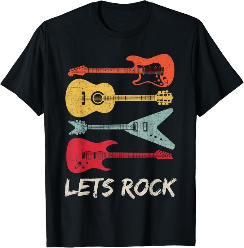 100% Cotton Lets Rock n Roll Guitar Retro Gift Men Women T-Shirt