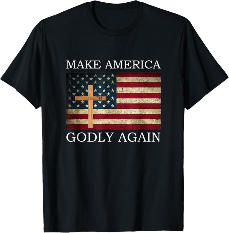 100% Cotton Make America Godly Again American Flag Cross Jesus T-Shirt