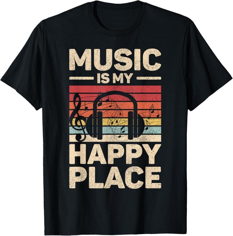 100% Cotton Music Is My Happy Place Musician Outfit EDM Music Lovers DJ T-Shirt