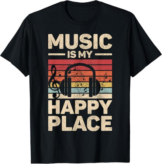 100% Cotton Music Is My Happy Place Musician Outfit EDM Music Lovers DJ T-Shirt