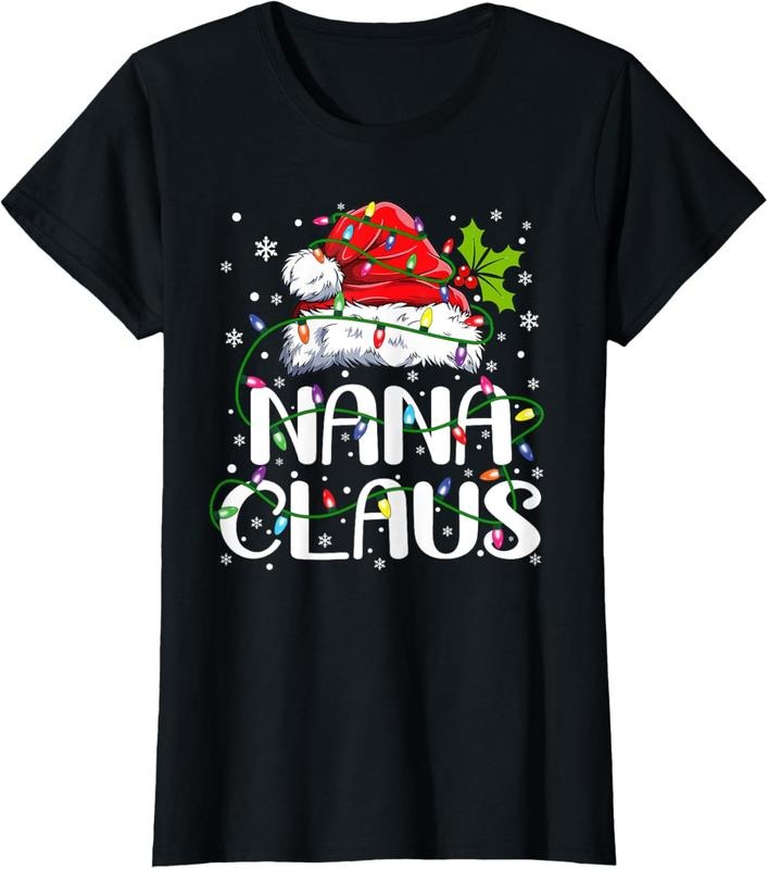 100% Cotton Nana Claus Christmas Lights Pajama Family Matching T-Shirt
