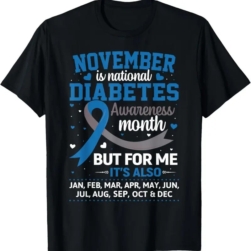 100% Cotton November is Diabetes Awareness Month Blue and Gray Ribbon T-Shirt