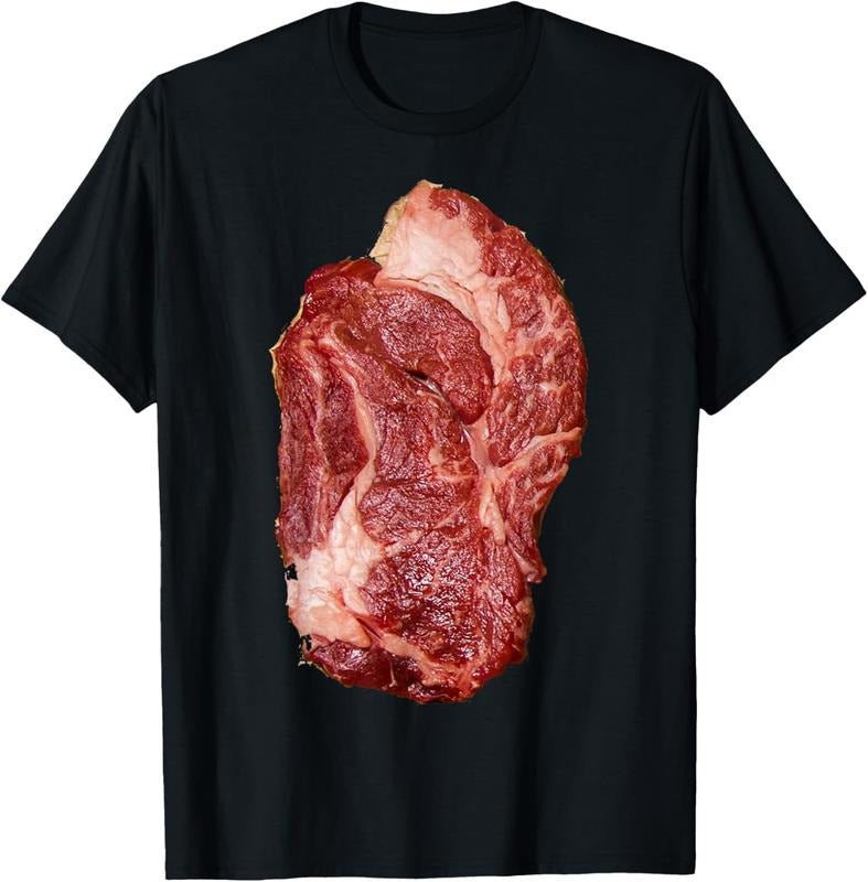 100% Cotton Raw Steak Meat Food Costume T-Shirt Beef Cow Grilling T-Bone T-Shirt