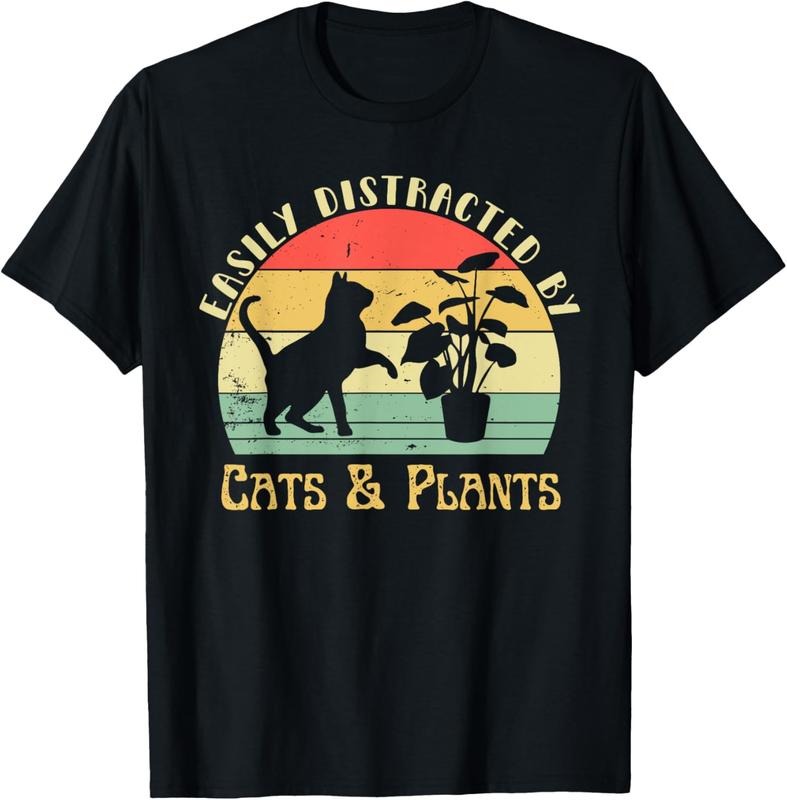 100% Cotton Retro Pet Cat Plant Lover Easily Distracted By Plants & Cats T-Shirt