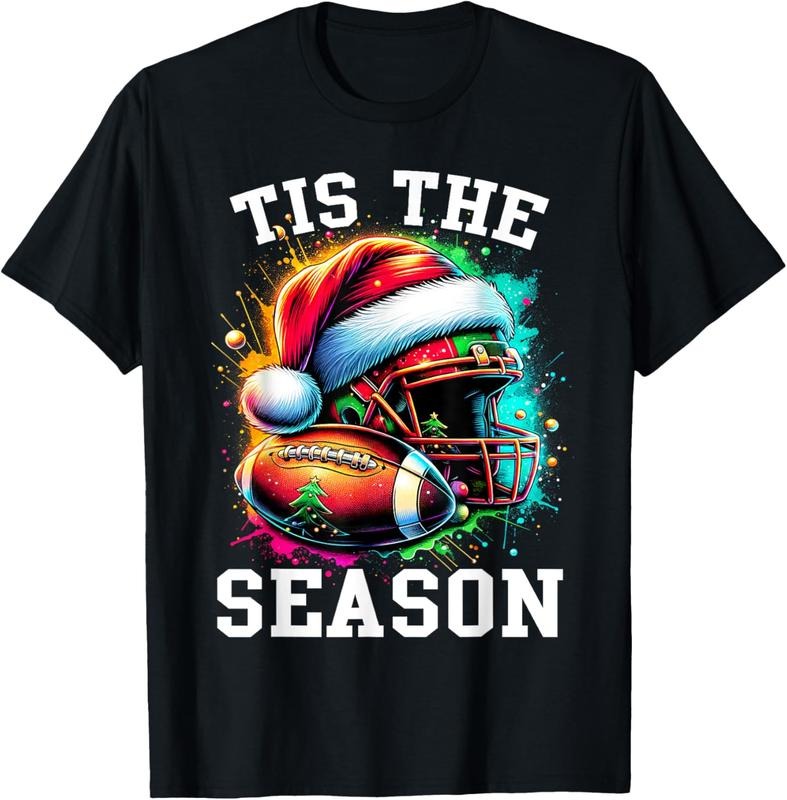 100% Cotton Tis The Season Football Mom Christmas Santa Hat Colorful T-Shirt