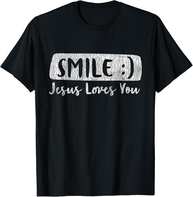 100% Cotton Vintage Smile Loves You Jesus Religious Faith Christian Gift T-Shirt
