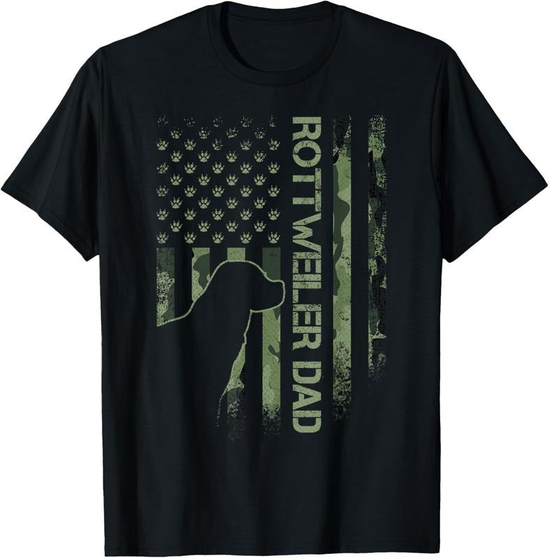 100% Cotton Vintage USA Camo Flag Proud Rottweiler Dad Rottie Silhouette T-Shirt