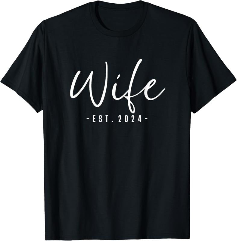 100% Cotton Wife Est 2024 Just Married Honeymoon Wedding Couples T-Shirt