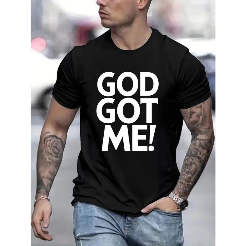 100% cotton T-shirt, Knit Letters Print Short Sleeve Crew Neck T-shirt For Men, Cool And Casual Breathable Summer Tee Top Stylish Gift Made in USA