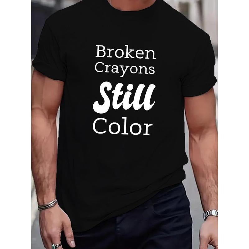 100% cotton T-shirt, Men's Broken Crayons Still Color Print T-shirt, Casual Short Sleeve Crew Neck Tee, Men's Clothing For Outdoor Made in USA