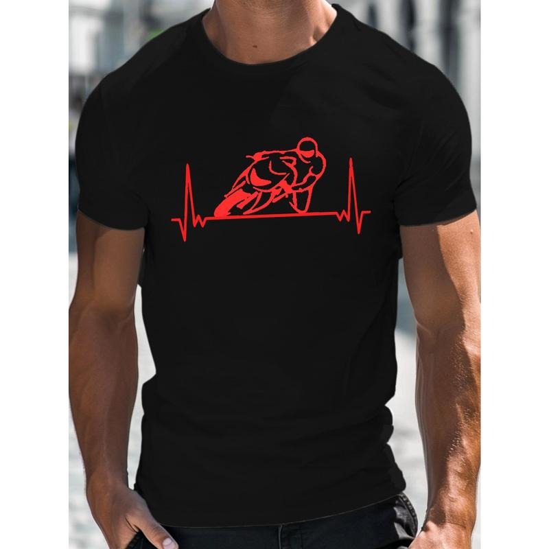 100% cotton T-shirt, Motorcycle Heartbeat Creative Print Men's Cotton Short Sleeve T-Shirt, Casual Round Neck Top, Versatile And Comfortable Tee, Spring& Summer Collection Made in USA