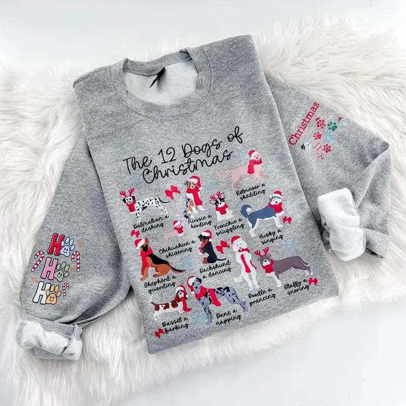 12 Dogs of Chritmas Holiday Sweatshirt or Hoodie with sleeve print Comfy Sublimation Tops Menswear Unisex Oversized Pullover