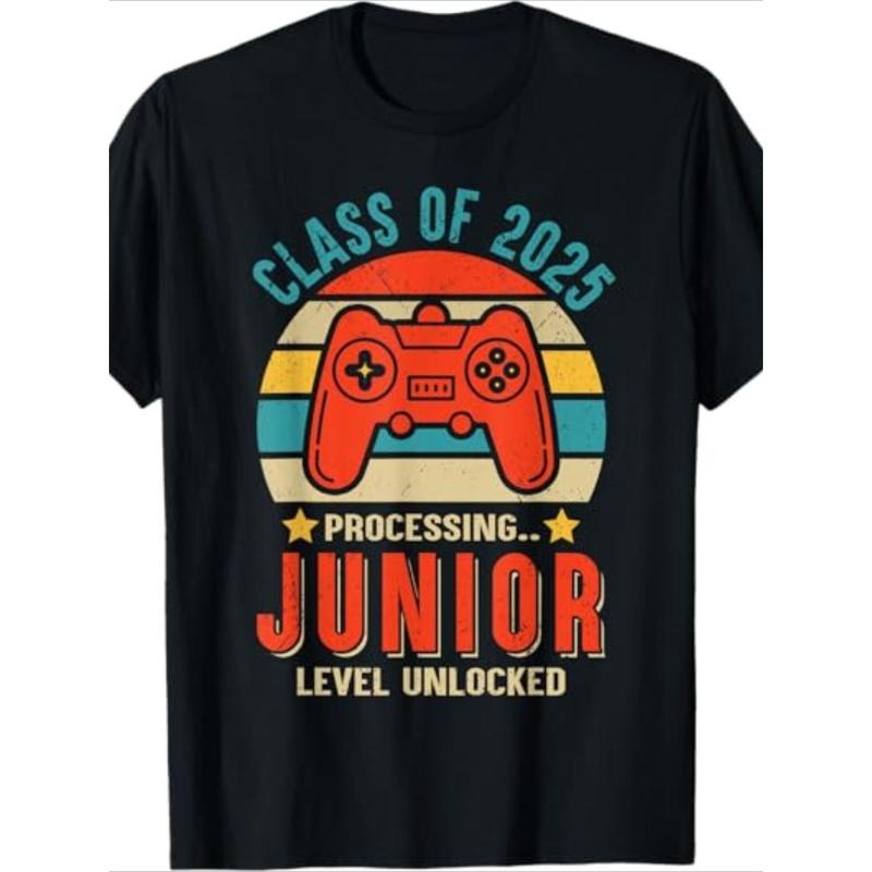 1pc 2025 Class of Junior Level Unlocked Game Controller Graphic T-Shirt, 100% Cotton, Crew Neck, Short Sleeve, Casual Fit, All-Season Knit Fabric, Digital Heat Transfer Print, Geometric Pattern, Regular Length - Weekend Casual Wear made in usa
