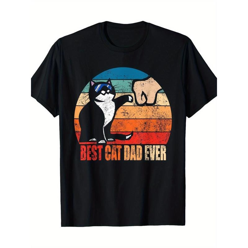 1pc Best Cat Dad Ever T-Shirt - 100% Cotton Crew Neck Tee with Applique Detail, Casual Fit, Slight Stretch, Summer Knit Fabric - Perfect Father'S Day Gift for Cat Lovers made in usa
