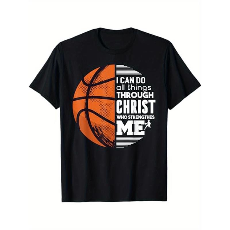 1pc Christian Inspirational Basketball T-Shirt, Cotton Crew Neck with Slight Stretch, Regular Fit, All-Season Casual Print Tee with Philippians Verse - Gift for Sports Fans made in usa
