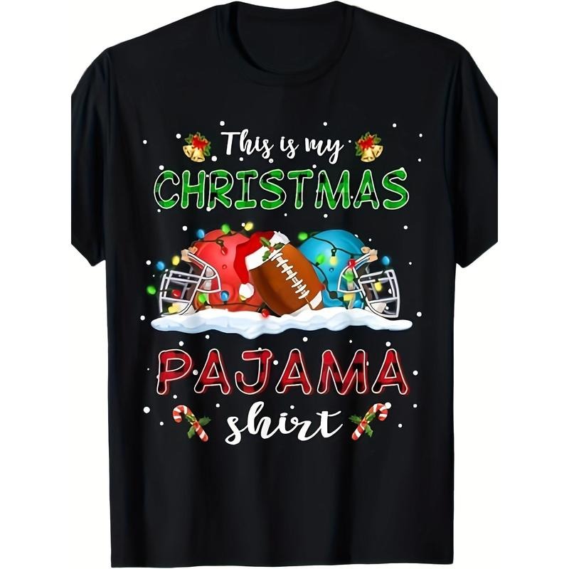 1pc Christmas Football Themed T-Shirt, 100% Cotton Crew Neck, Casual Loose Fit with Short Sleeves, All-Season Knit Fabric with Slight Stretch, Regular Length, Digital Heat Transfer Patterned Design for Adults - Weekend Casual Wear made in usa