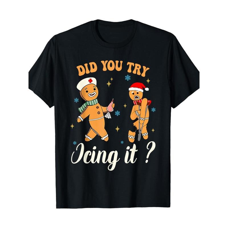 1pc Christmas Novelty T-Shirt, Men'S Casual Crew Neck Cotton Tee with Slight Stretch, Tropical Gingerbread Man Graphic, Loose Fit Knit Fabric Shirt made in usa