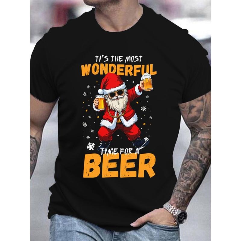 1pc Christmas Santa 3D Print T-Shirt, Men's Casual Round Neck Short Sleeve Tee, Polyester Knit Fabric, Festive Holiday Top for Adults - Summer Season Made in USA