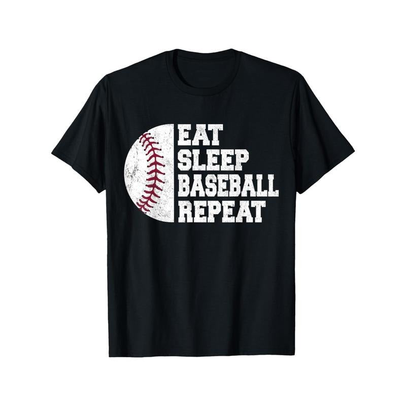 1pc Men'S Casual Cotton T-Shirt with "Eat Sleep Baseball Repeat" Slogan, Crew Neck, All-Season Comfort, Slight Stretch Knit Fabric, Loose Fit, Baseball Player Humor Tee made in usa