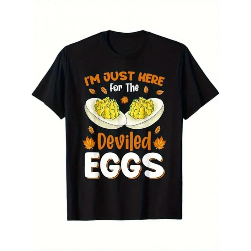 1pc Men'S Casual Cotton T-Shirt with "I'm Just Here for The Deviled Eggs" Print, Crew Neck, Slight Stretch, All-Season Knit Fabric, Regular Fit, Color Block Alphabet Pattern - Thanksgiving Humor Tee made in usa