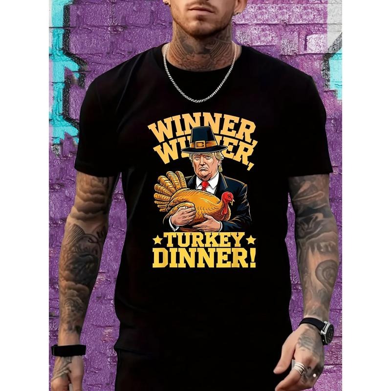 1pc Men'S Casual Crew Neck T-Shirt with Trump Turkey Print, 100% Cotton, Short Sleeve, Regular Fit, All-Season Comfort - 220gsm Knit Fabric made in usa