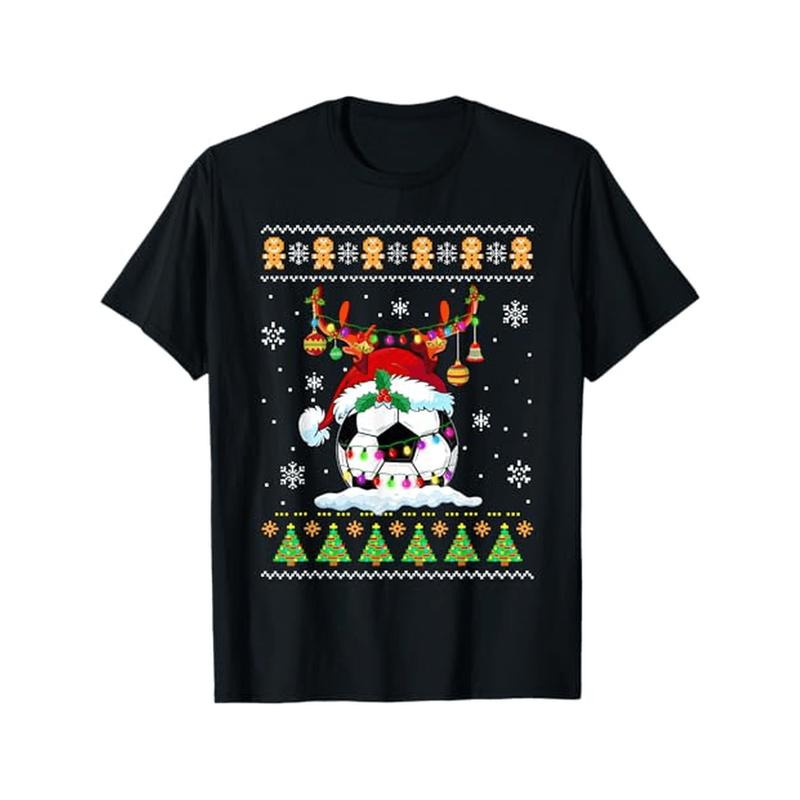 1pc Men'S Christmas Ugly Sweater T-Shirt, Casual Crew Neck, Cotton Knit Fabric with Slight Stretch, All-Season Loose Fit, Printed Soccer Ball & Reindeer with Santa Hat & Xmas Lights Design made in usa