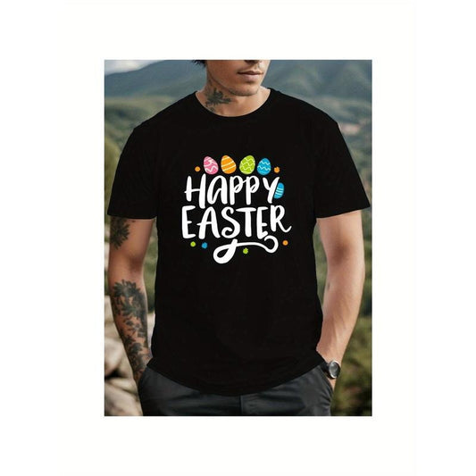1pc Men'S Happy Easter Vintage-Inspired Cotton T-Shirt, 100% Cotton Fabric, Crew Neck, Short Sleeve, Regular Fit, Weekend Casual Wear, All-Season Casual Wear, 180gsm - Ideal for Valentines New Year'S Day Father'S Day Christmas made in usa
