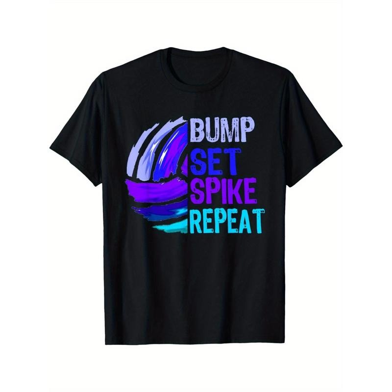 1pc Men'S Volleyball Inspired T-Shirt - Cotton Crew Neck with Slight Stretch, All-Season Knit Fabric, Casual Printed Tee with "Bump Set Spike Repeat" Motif, Regular Fit for Sports Enthusiasts made in usa