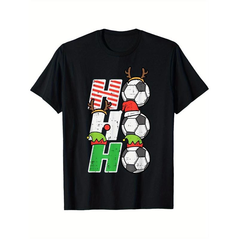 1pc Unisex Christmas Football Ho Ho Ho Print T-Shirt - 100% Cotton Crew Neck Short Sleeve Sports Tee for Men and Women - All-Season Casual Knit Fabric Pullover - Regular Fit Adult Soccer Xmas Top made in usa