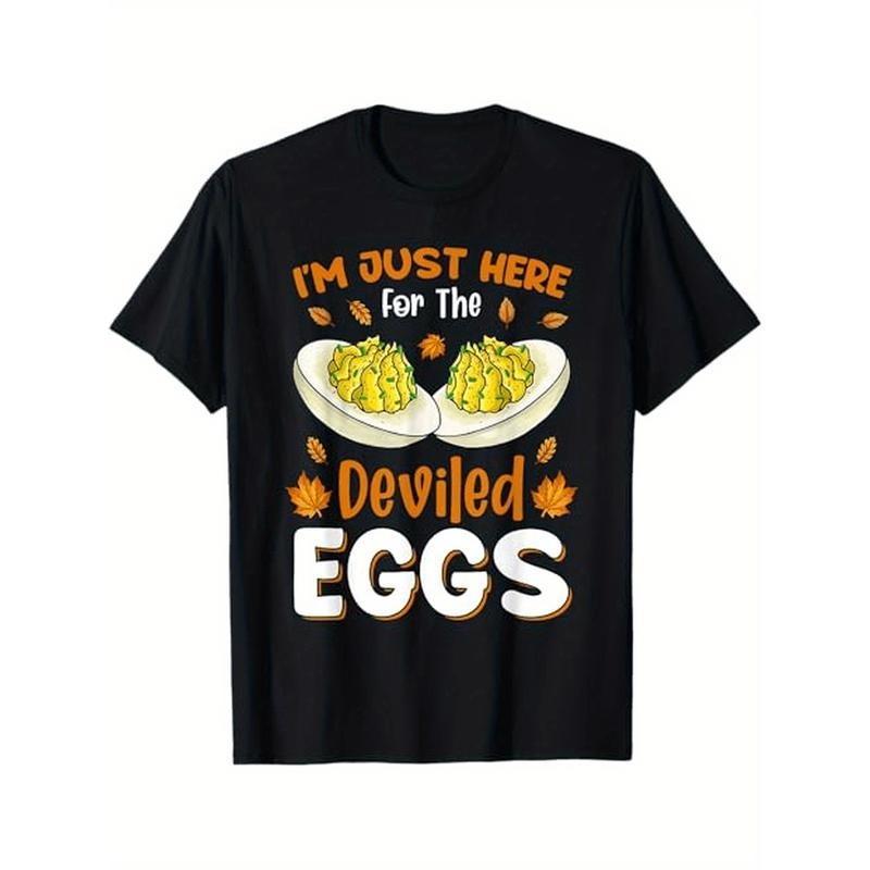 1pc Unisex Cotton T-Shirt with "I'm Just Here for The Deviled Eggs" Print - Crew Neck, Casual Style, All-Season Comfort, Slight Stretch Knit Fabric, Regular Fit - Perfect for Adults, Ideal for Halloween, Thanksgiving, Christmas Gifts made in usa