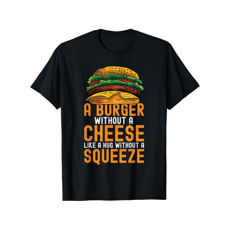 1pc Unisex Cotton T-Shirt with Hamburger & Cheese Print - Casual Crew Neck, Short Sleeve, All-Season Comfort, Black - Perfect for BBQ & Fast Food Lovers, Sizes S-XXXL made in usa