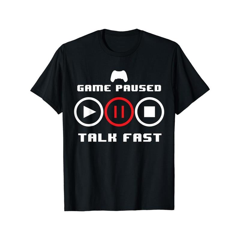 1pc Unisex Cotton T-Shirt with Video Game Pause Print - Round Neck, Short Sleeve, Regular Fit, Sports Style, Summer Tee for Men and Women made in usa