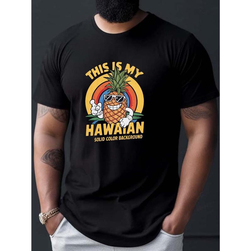 1pc Whimsical Pineapple Hawaiian Print T-Shirt for Men, Casual Round Neck Short Sleeve Summer Tee, Polyester Fabric, Regular Fit made in usa