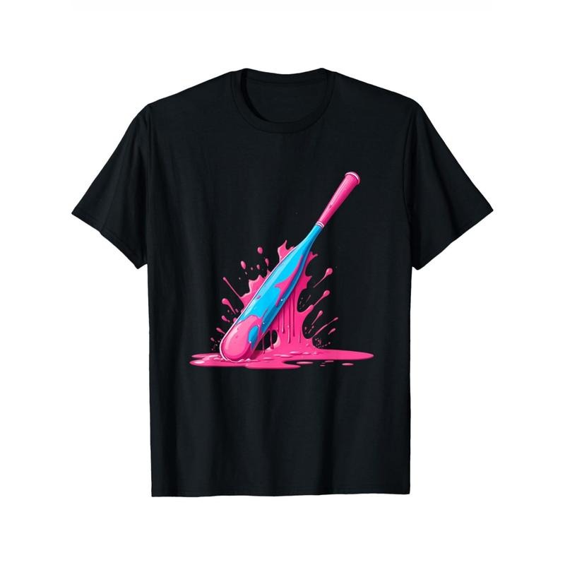1pc Youth Baseball Bat Graphic T-Shirt, Casual Cotton Tee with Geometric Frosting Pattern, Comfortable Stretch Fabric, Round Neck, Short Sleeve, All-Season Top, Ideal Gift for Teens made in usa